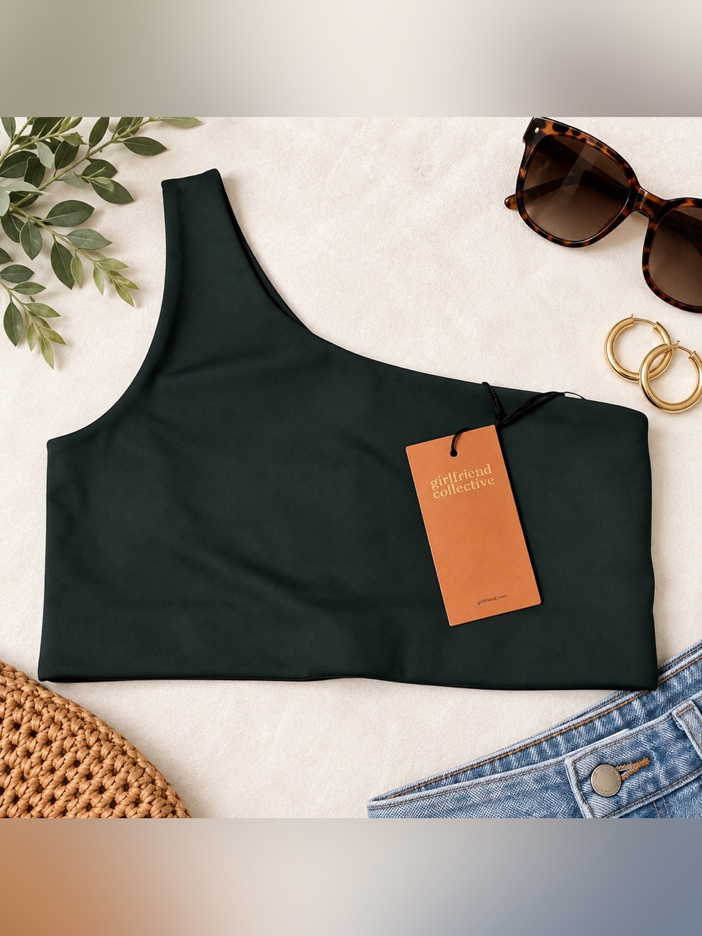 girlfriend collective Bianca Moss Green One-Shoulder Sports Bra Medium NWT